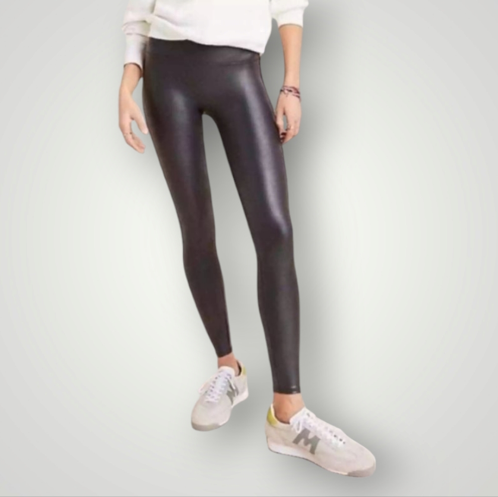 Spanx‎ Legging Womens M Black Faux Leather High-Waisted Compression Waistband - Picture 2 of 12